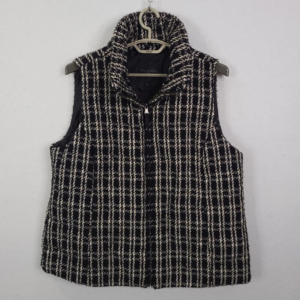 Talbots Tweed Down Puffer Vest Plus Size 1X Houndstooth Plaid Old Mony Full Zip